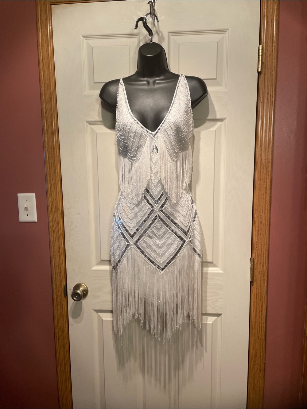 White Beaded Fringe V‑Neck Midi Dress